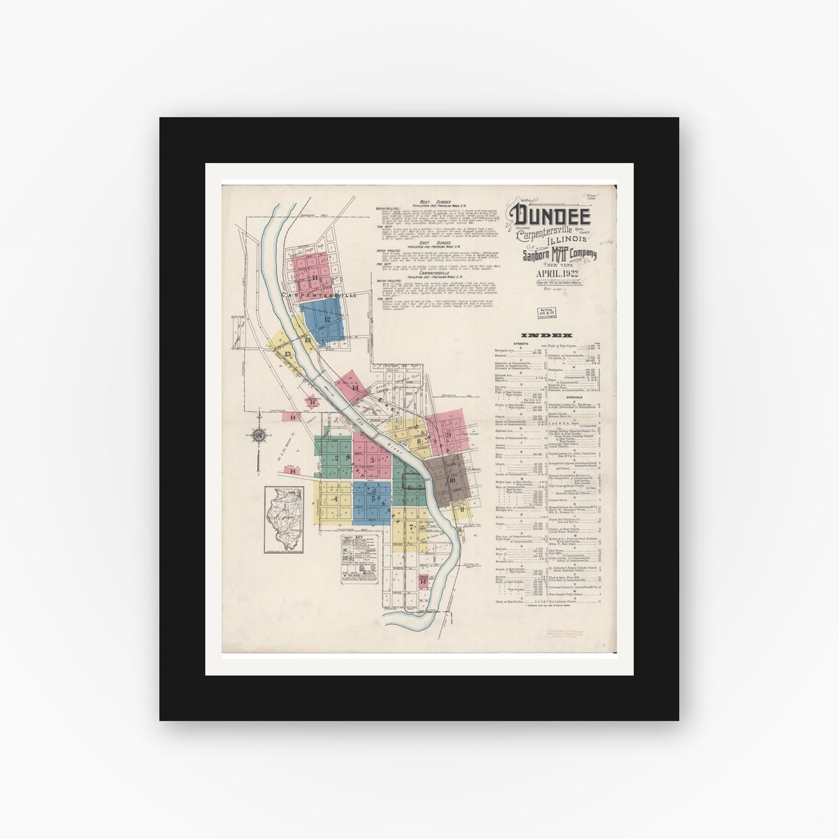 Old map wall art mockup — black gallery frame with white mat — Sanborn Fire Insurance Map from Dundee, Kane County, Illinois (1922), Sheet #0001