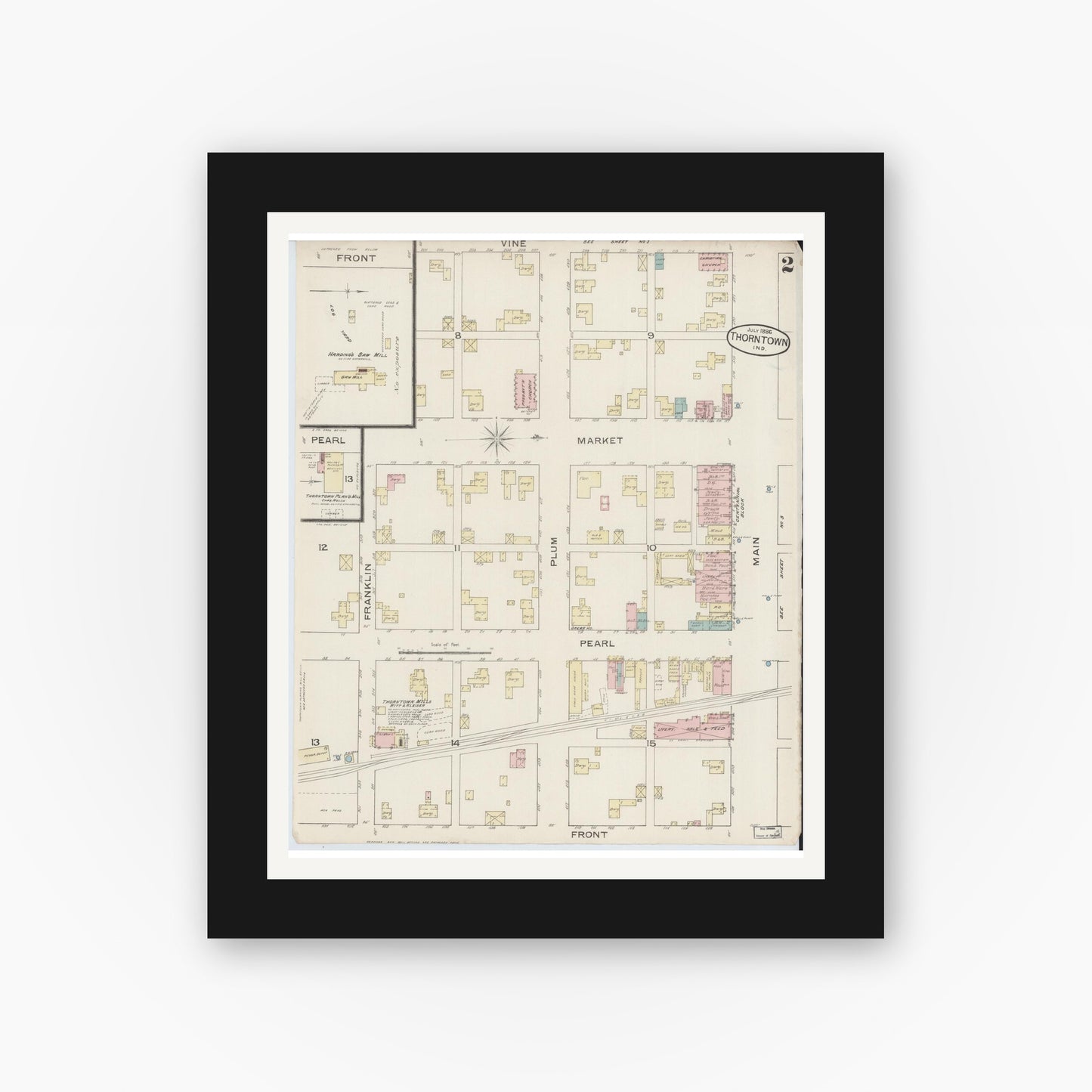 Old map wall art mockup — black gallery frame with white mat — Sanborn Fire Insurance Map from Thorntown, Boone County, Indiana (1886), Sheet #0002