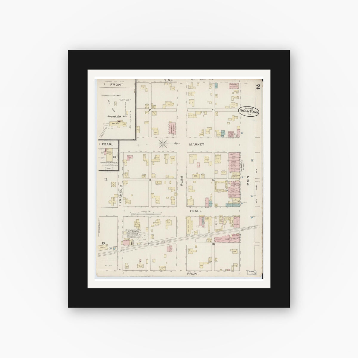 Old map wall art mockup — black gallery frame with white mat — Sanborn Fire Insurance Map from Thorntown, Boone County, Indiana (1886), Sheet #0002