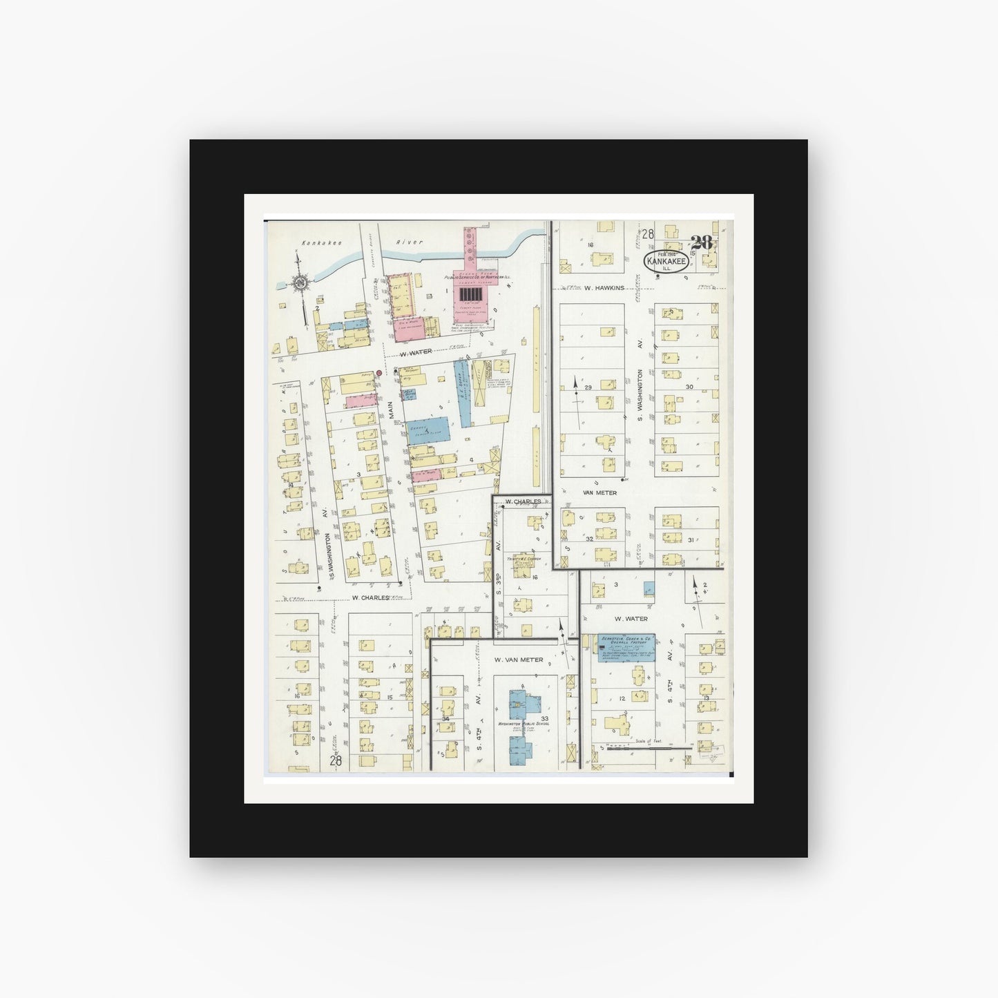 Old map wall art mockup — black gallery frame with white mat — Sanborn Fire Insurance Map from Kankakee, Kankakee County, Illinois (1914), Sheet #0028
