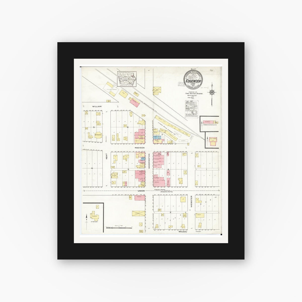 Old map wall art mockup — black gallery frame with white mat — Sanborn Fire Insurance Map from Edgewood, Delaware and Clayton Counties, Iowa (1917), Sheet #0001