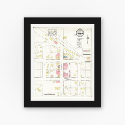Old map wall art mockup — black gallery frame with white mat — Sanborn Fire Insurance Map from Edgewood, Delaware and Clayton Counties, Iowa (1917), Sheet #0001