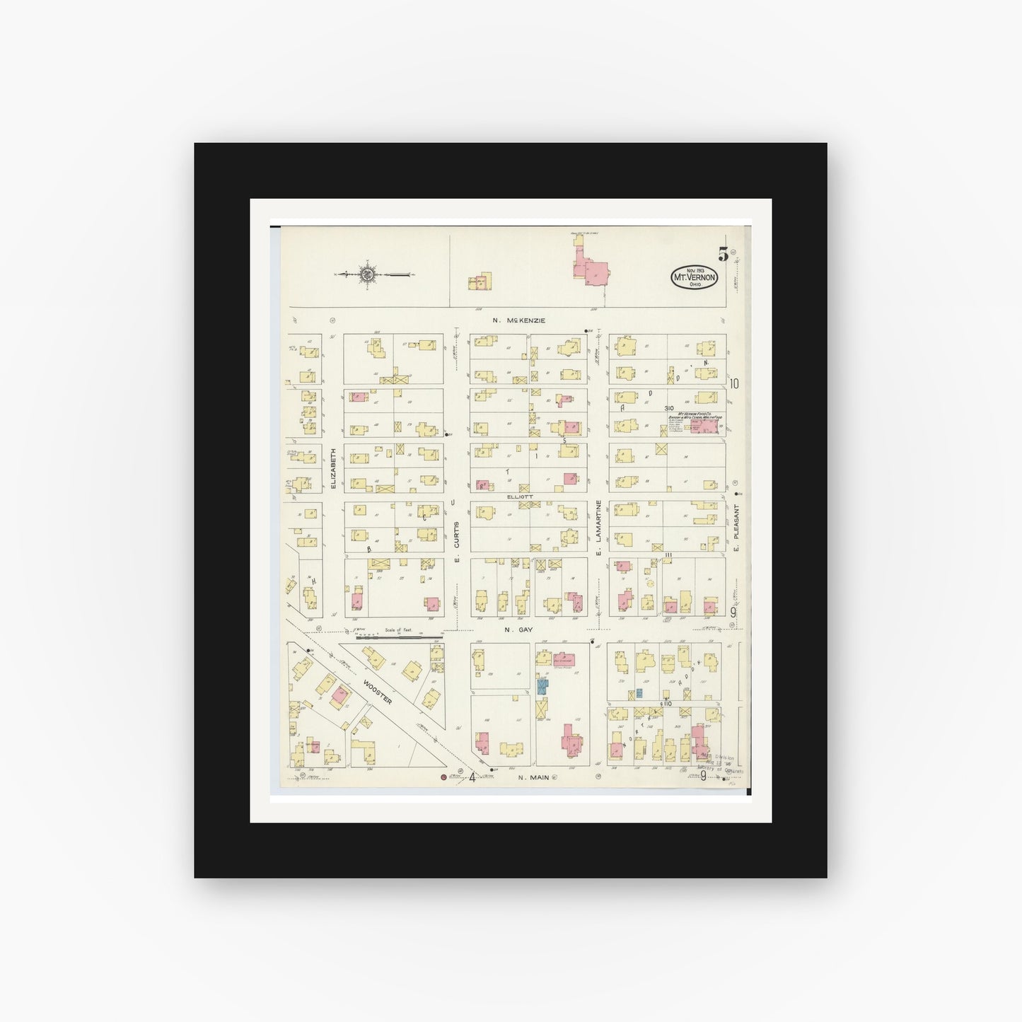 Old map wall art mockup — black gallery frame with white mat — Sanborn Fire Insurance Map from Mount Vernon, Knox County, Ohio (1913), Sheet #0005