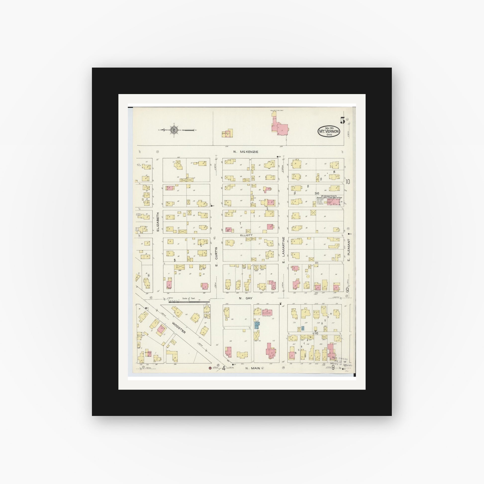 Old map wall art mockup — black gallery frame with white mat — Sanborn Fire Insurance Map from Mount Vernon, Knox County, Ohio (1913), Sheet #0005