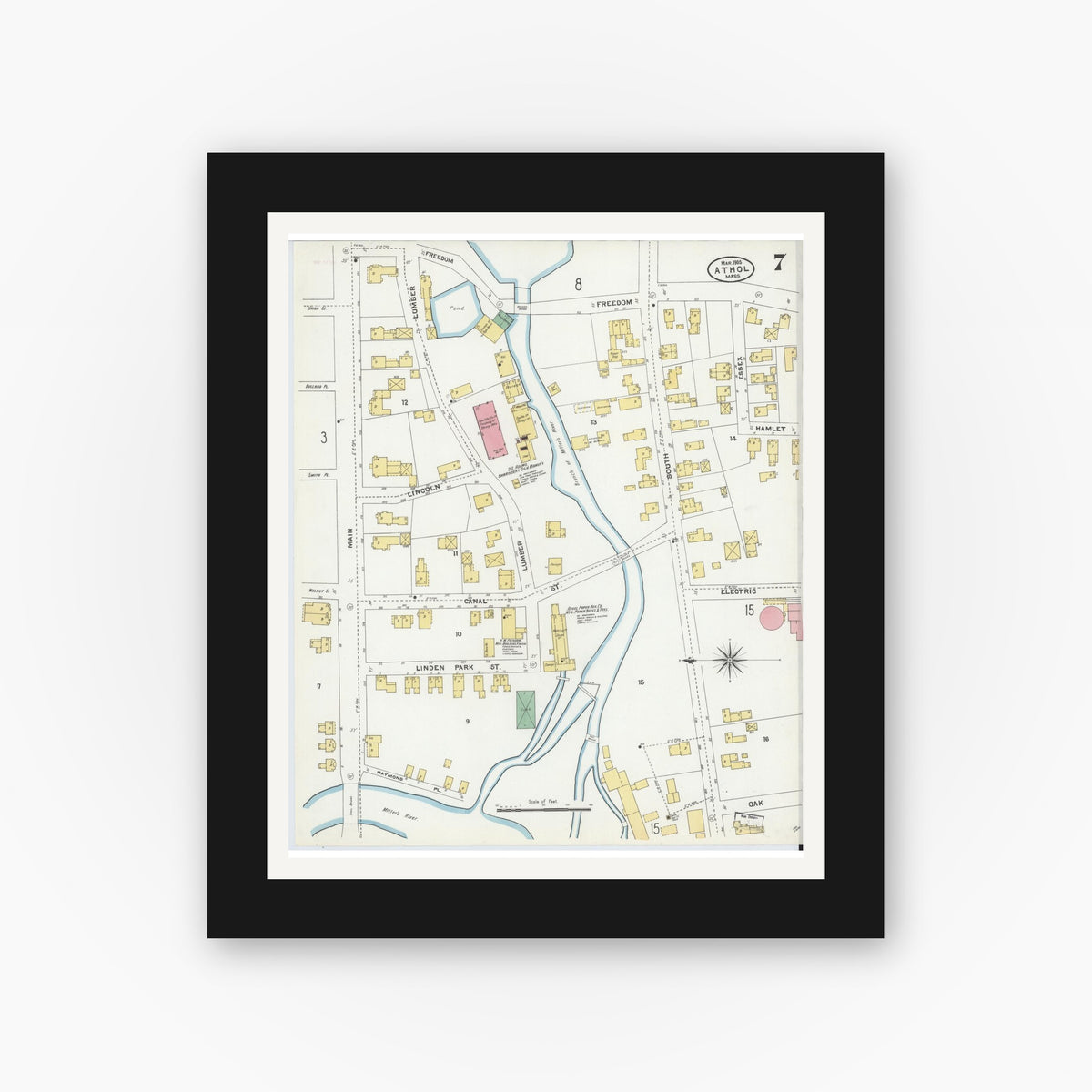 Old map wall art mockup — black gallery frame with white mat — Sanborn Fire Insurance Map from Athol, Worcester County, Massachusetts (1905), Sheet #0007