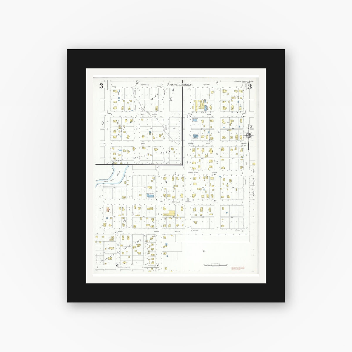 Old map wall art mockup — black gallery frame with white mat — Sanborn Fire Insurance Map from Cannon Falls, Goodhue County, Minnesota (1938), Sheet #0003