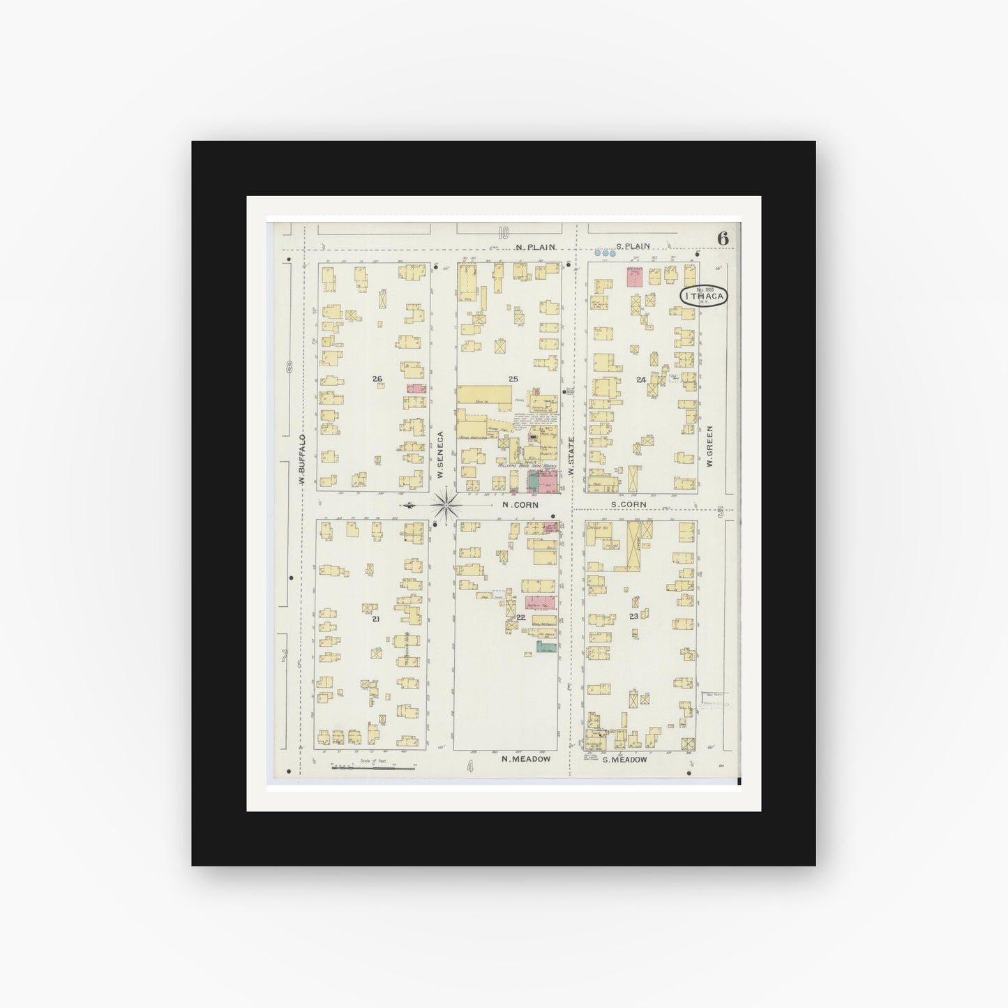 Old map wall art mockup — black gallery frame with white mat — Sanborn Fire Insurance Map from Ithaca, Tompkins County, New York (1893), Sheet #0006