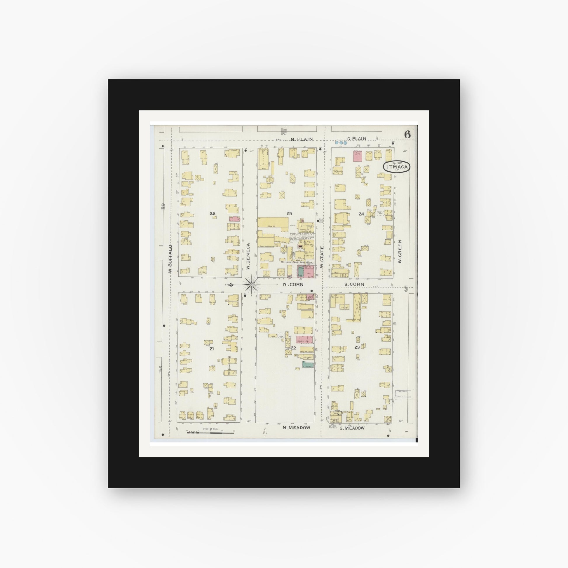Old map wall art mockup — black gallery frame with white mat — Sanborn Fire Insurance Map from Ithaca, Tompkins County, New York (1893), Sheet #0006