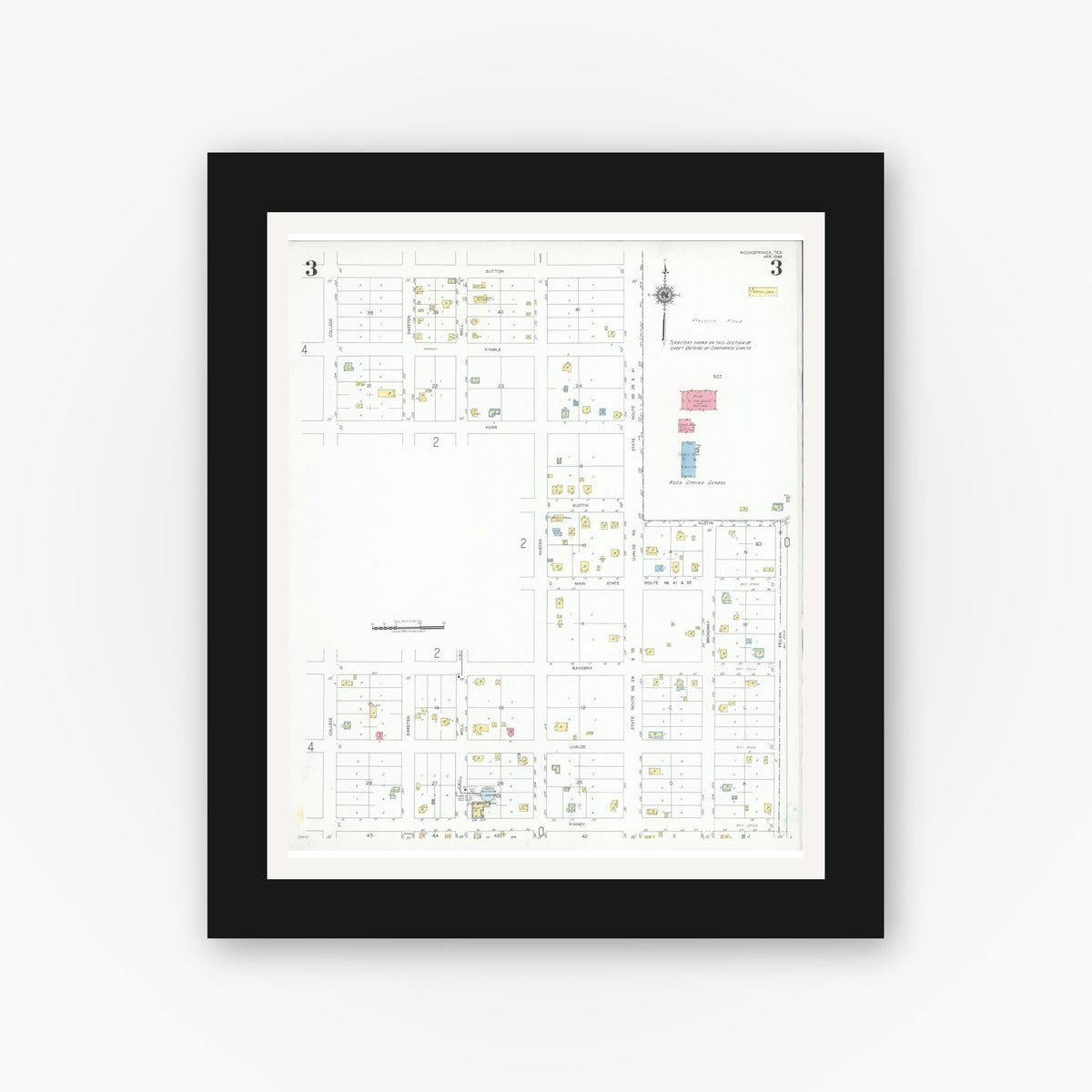 Old map wall art mockup — black gallery frame with white mat — Sanborn Fire Insurance Map from Rocksprings, Edwards County, Texas (1948), Sheet #0003