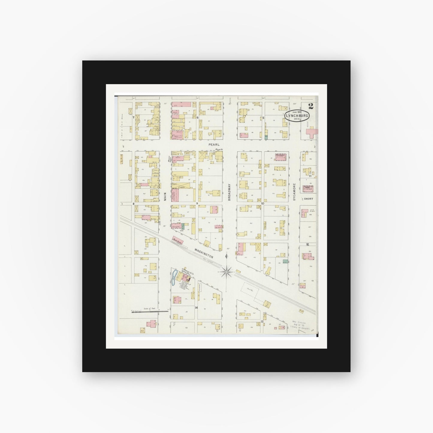 Old map wall art mockup — black gallery frame with white mat — Sanborn Fire Insurance Map from Lynchburg, Highland County, Ohio (1895), Sheet #0002