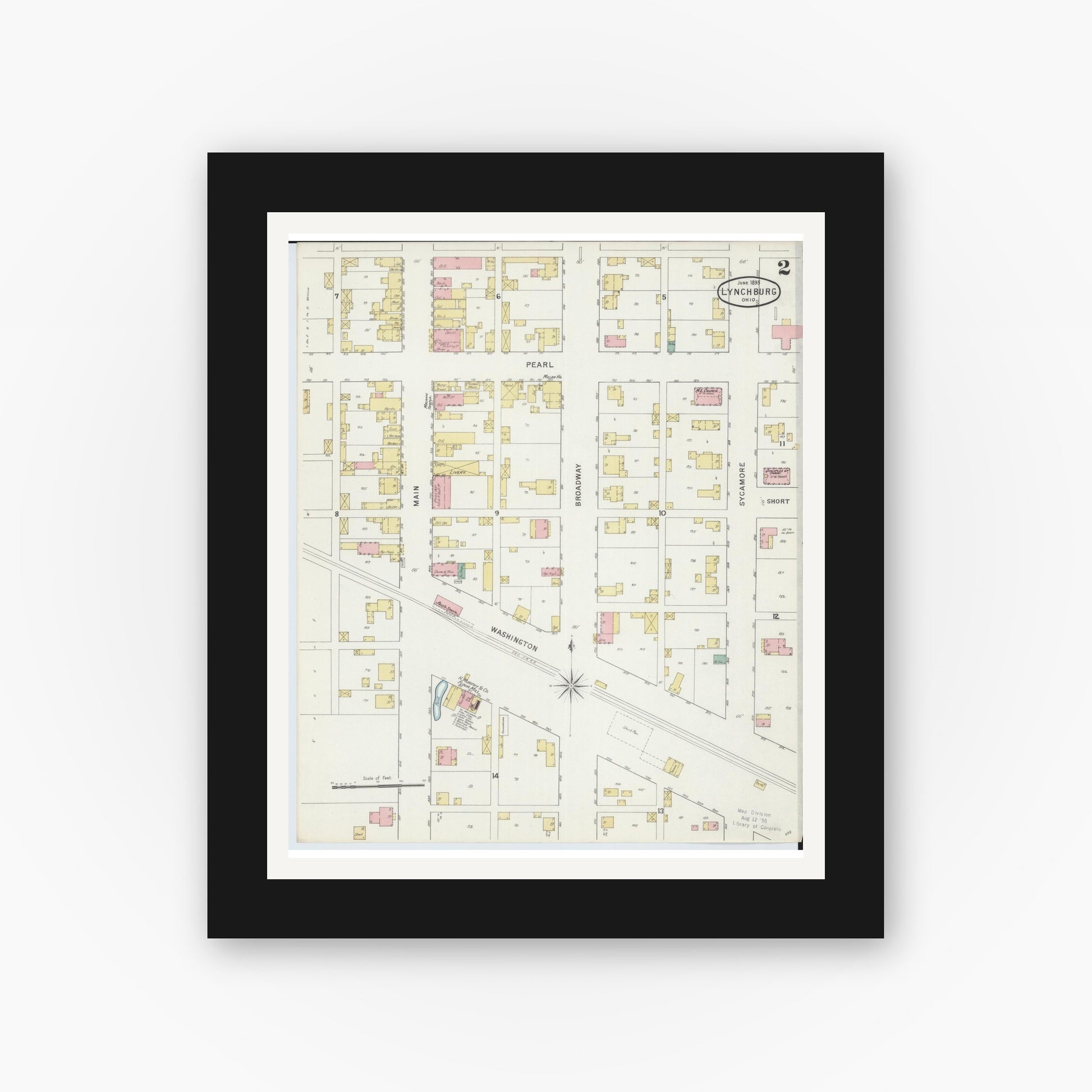 Old map wall art mockup — black gallery frame with white mat — Sanborn Fire Insurance Map from Lynchburg, Highland County, Ohio (1895), Sheet #0002