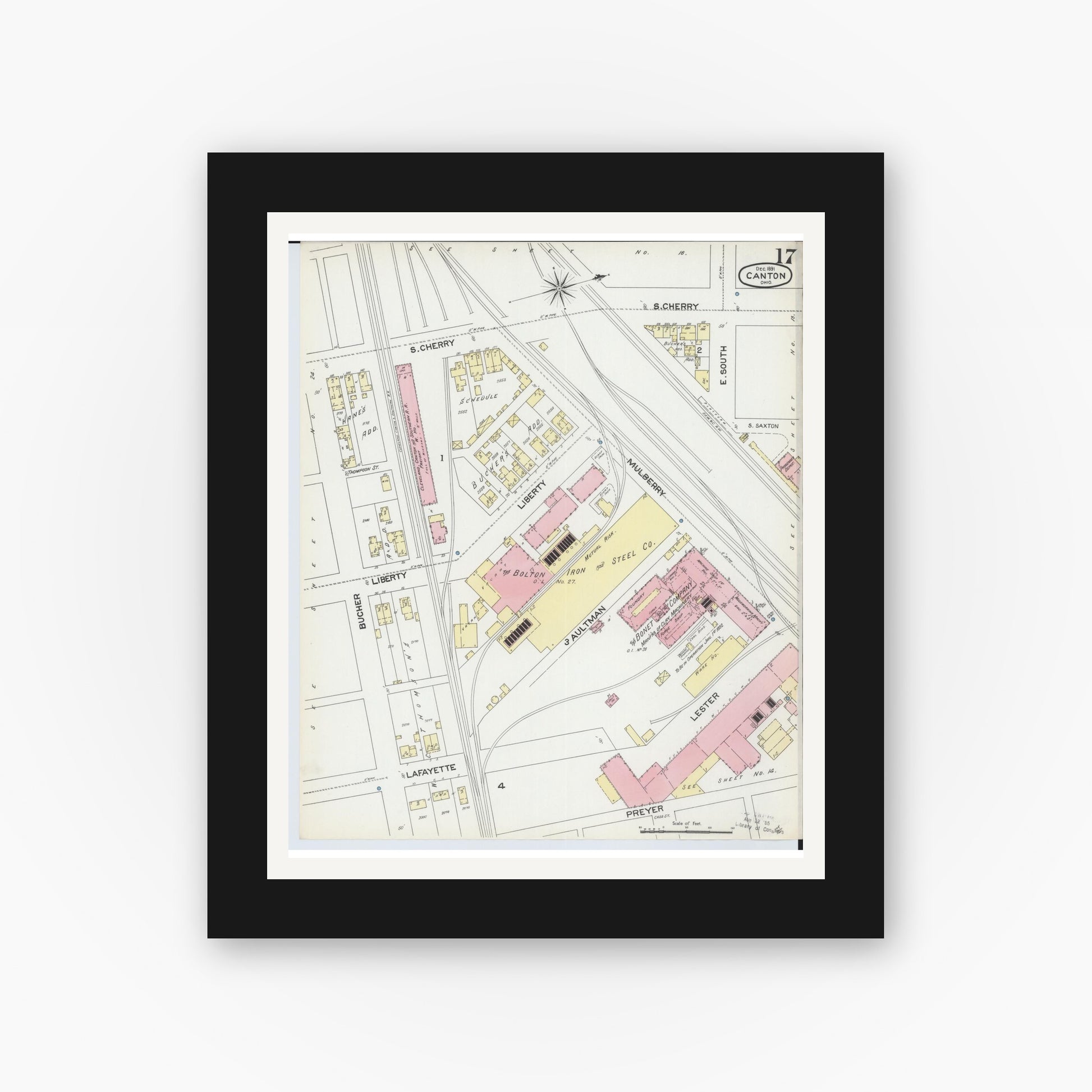 Old map wall art mockup — black gallery frame with white mat — Sanborn Fire Insurance Map from Canton, Stark County, Ohio (1891), Sheet #0017