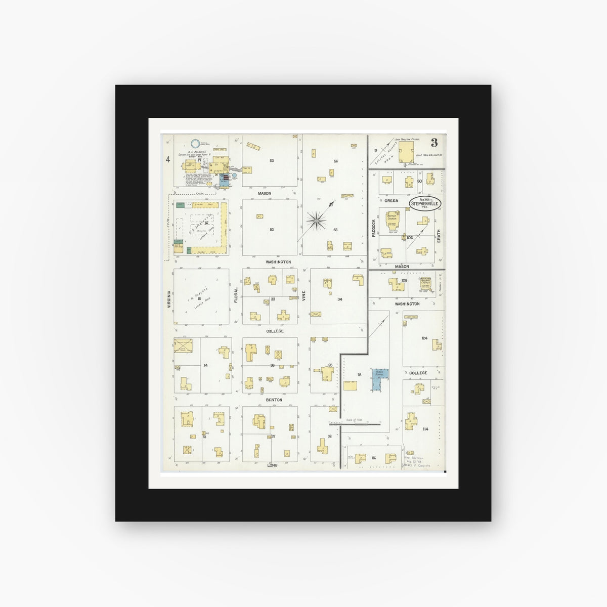 Old map wall art mockup — black gallery frame with white mat — Sanborn Fire Insurance Map from Stephenville, Erath County, Texas (1902), Sheet #0003