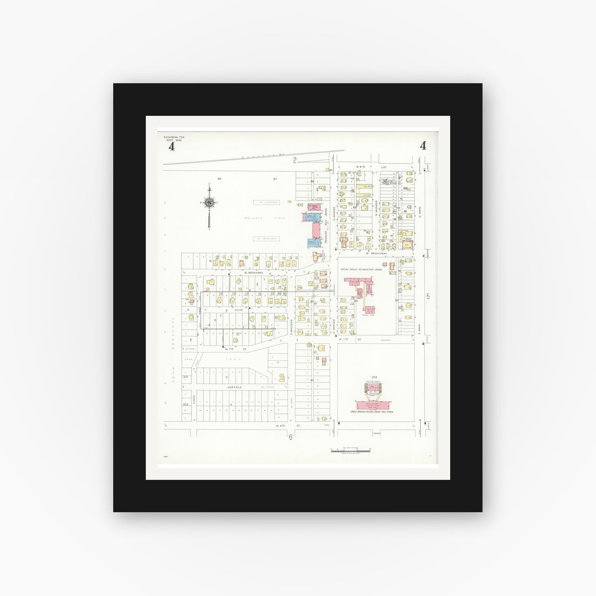 Old map wall art mockup — black gallery frame with white mat — Sanborn Fire Insurance Map from Pasadena, Harris County, Texas (1940), Sheet #0004
