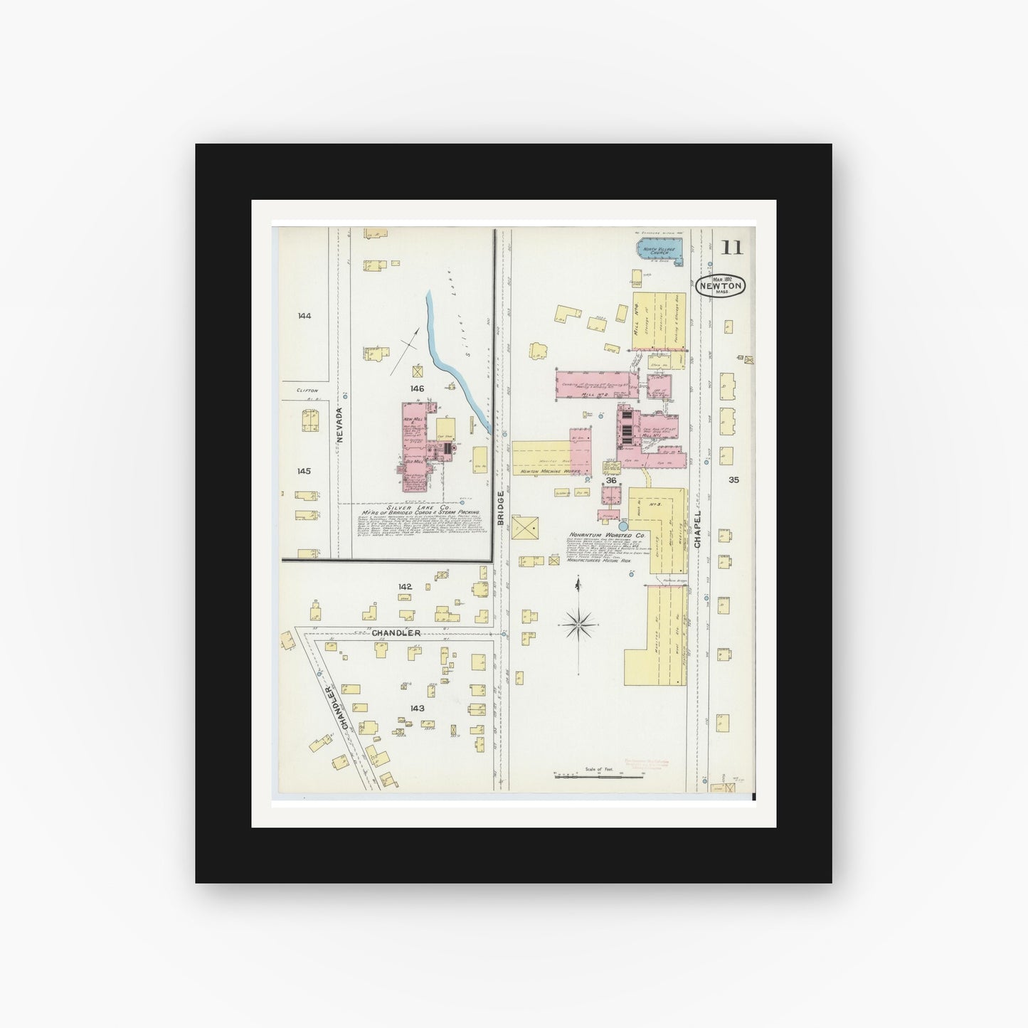 Old map wall art mockup — black gallery frame with white mat — Sanborn Fire Insurance Map from Newton, Middlesex County, Massachusetts (1892), Sheet #0011