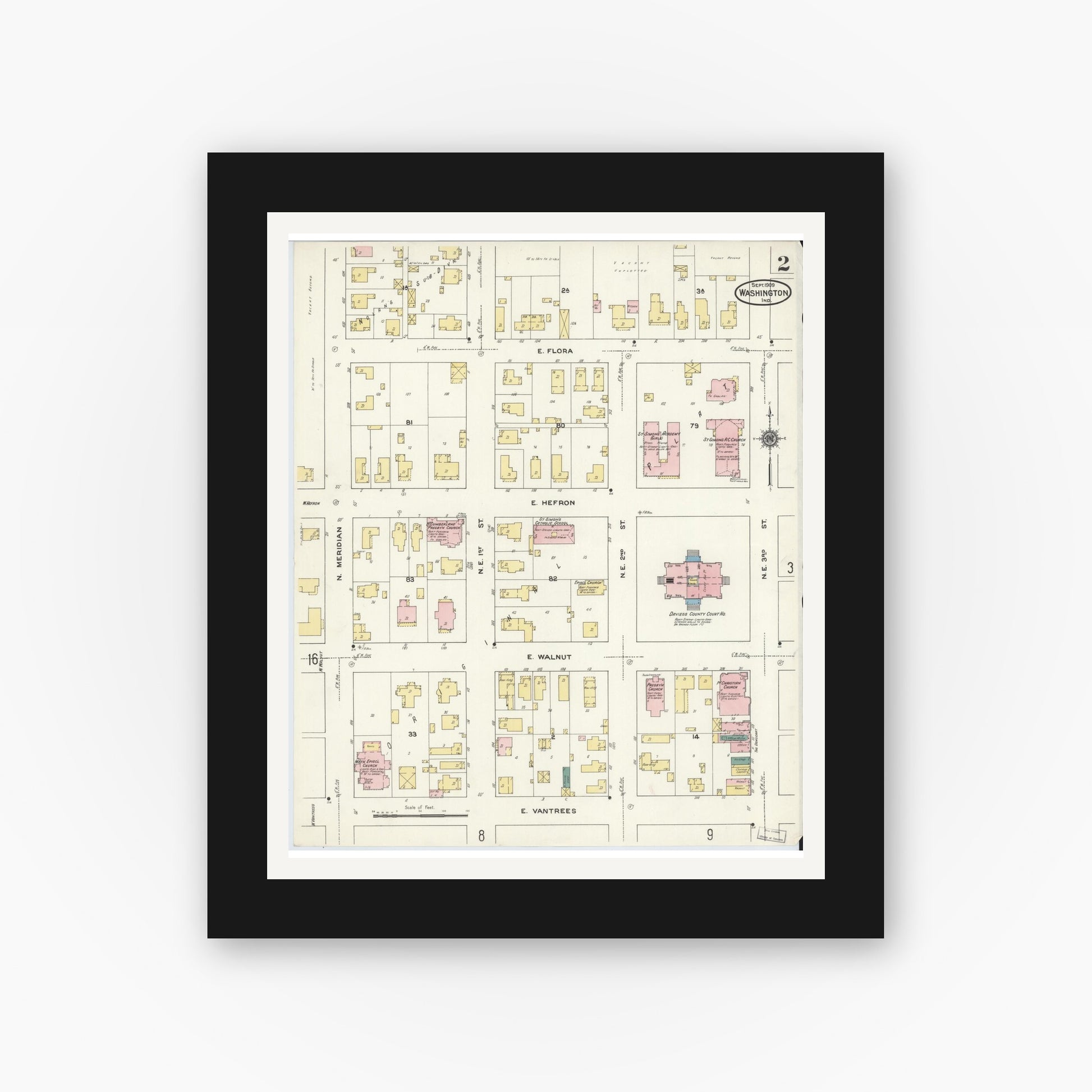 Old map wall art mockup — black gallery frame with white mat — Sanborn Fire Insurance Map from Washington, Daviess County, Indiana (1909), Sheet #0002