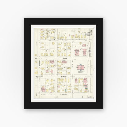 Old map wall art mockup — black gallery frame with white mat — Sanborn Fire Insurance Map from Washington, Daviess County, Indiana (1909), Sheet #0002