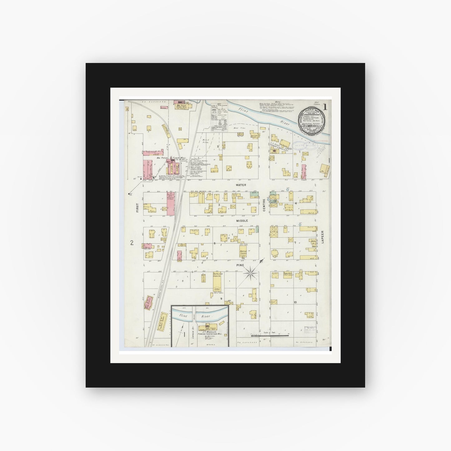 Old map wall art mockup — black gallery frame with white mat — Sanborn Fire Insurance Map from Columbiaville, Lapeer County, Michigan (1898) - Complete Map Set