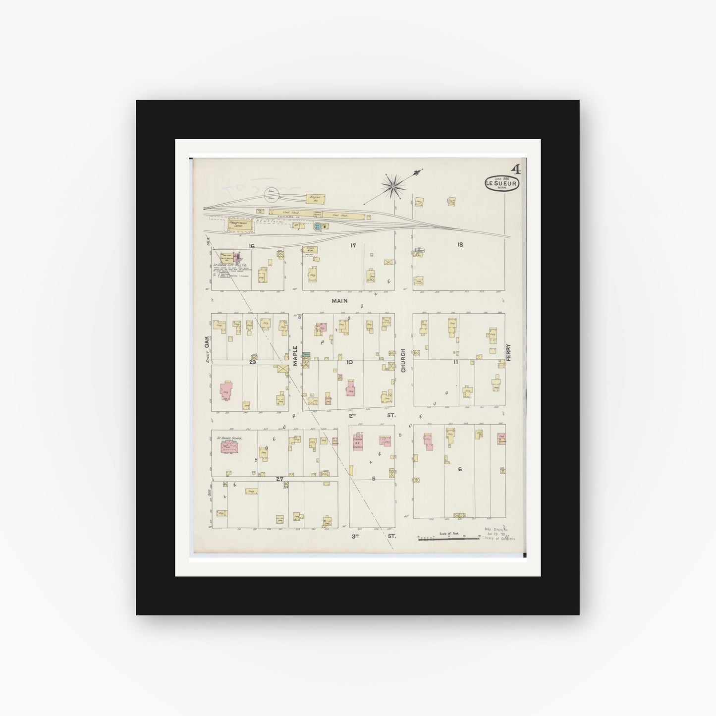 Old map wall art mockup — black gallery frame with white mat — Sanborn Fire Insurance Map from Le Sueur, Le Sueur County, Minnesota (1890), Sheet #0004