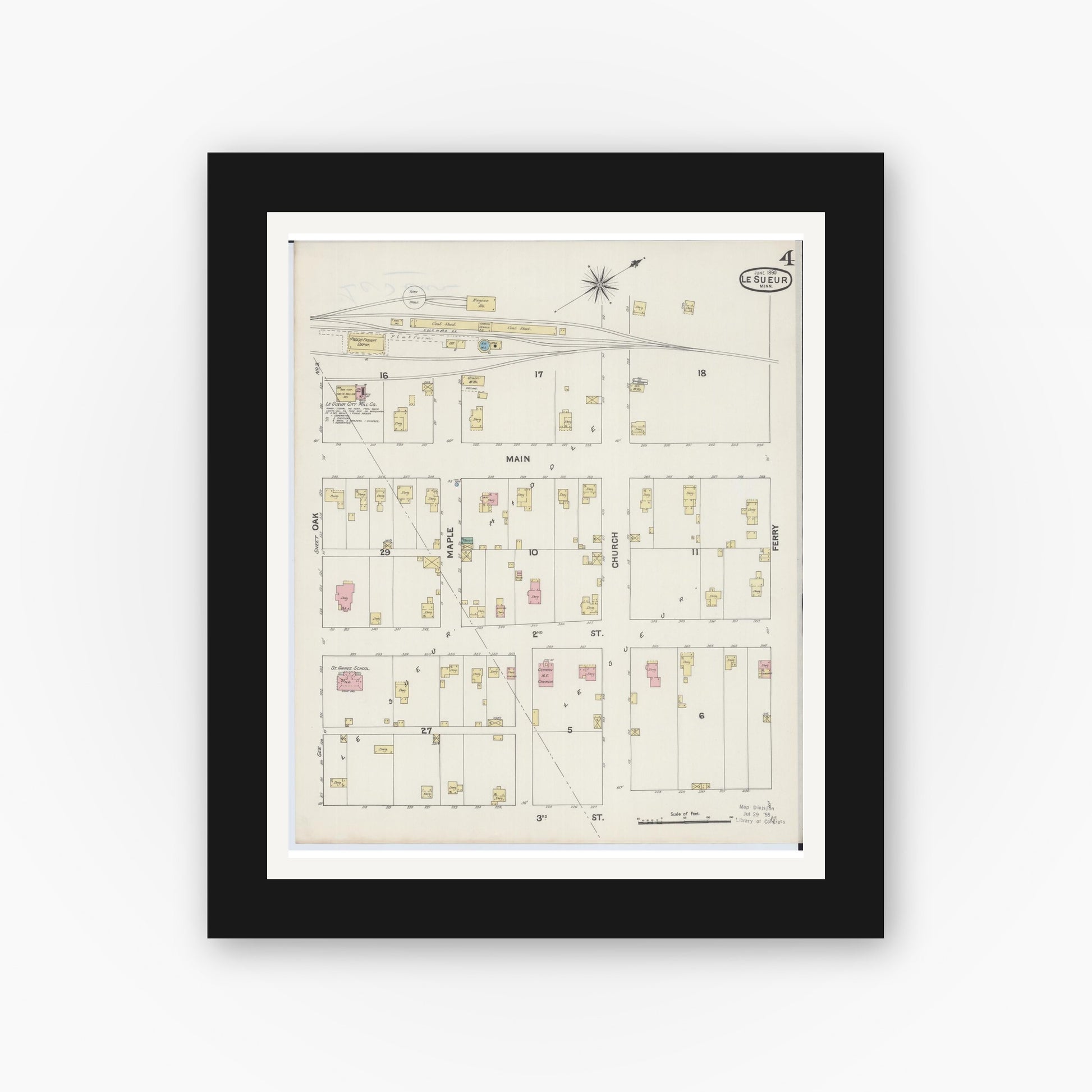 Old map wall art mockup — black gallery frame with white mat — Sanborn Fire Insurance Map from Le Sueur, Le Sueur County, Minnesota (1890), Sheet #0004
