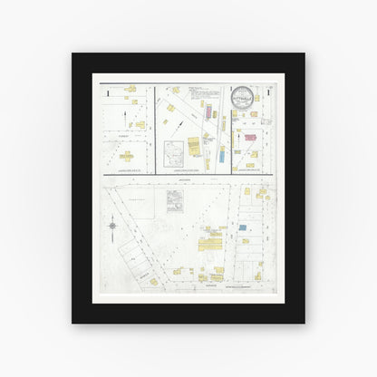 Old map wall art mockup — black gallery frame with white mat — Sanborn Fire Insurance Map from Pittsville, Wood County, Wisconsin (1930), Sheet #0001