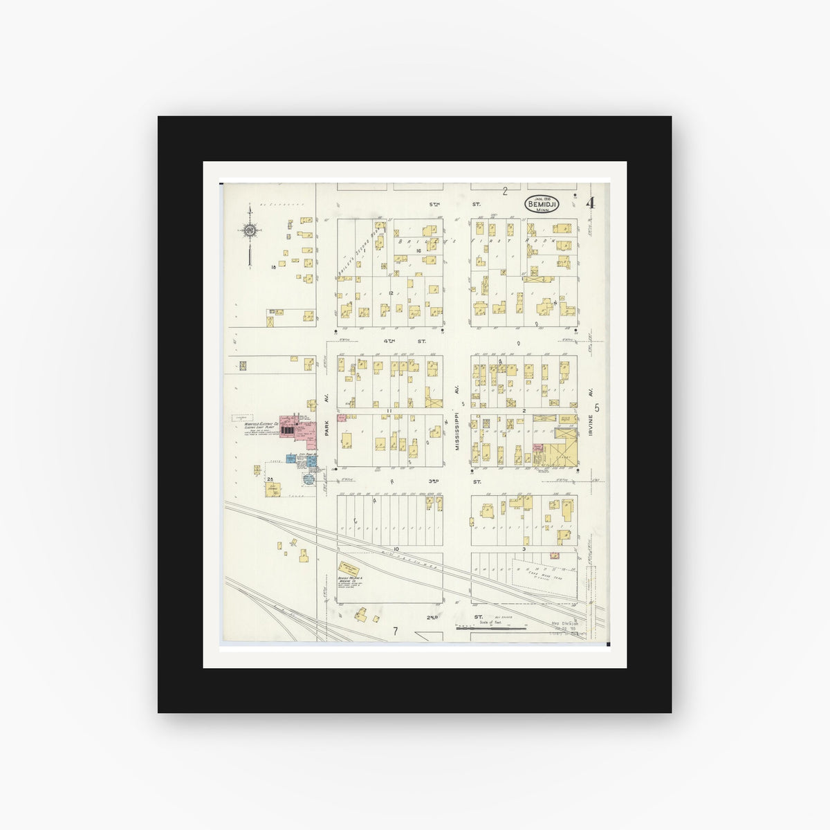 Old map wall art mockup — black gallery frame with white mat — Sanborn Fire Insurance Map from Bemidji, Beltrami County, Minnesota (1916), Sheet #0004