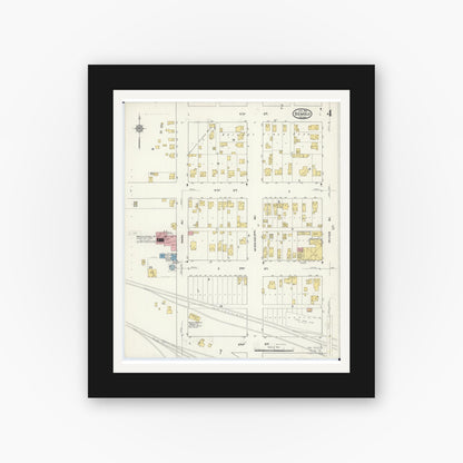 Old map wall art mockup — black gallery frame with white mat — Sanborn Fire Insurance Map from Bemidji, Beltrami County, Minnesota (1916), Sheet #0004