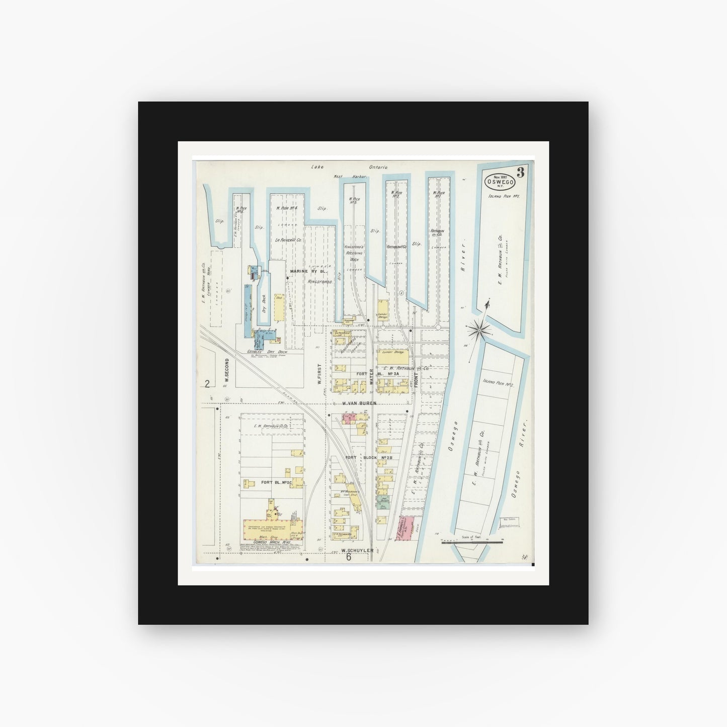 Old map wall art mockup — black gallery frame with white mat — Sanborn Fire Insurance Map from Oswego, Oswego County, New York (1897), Sheet #0003