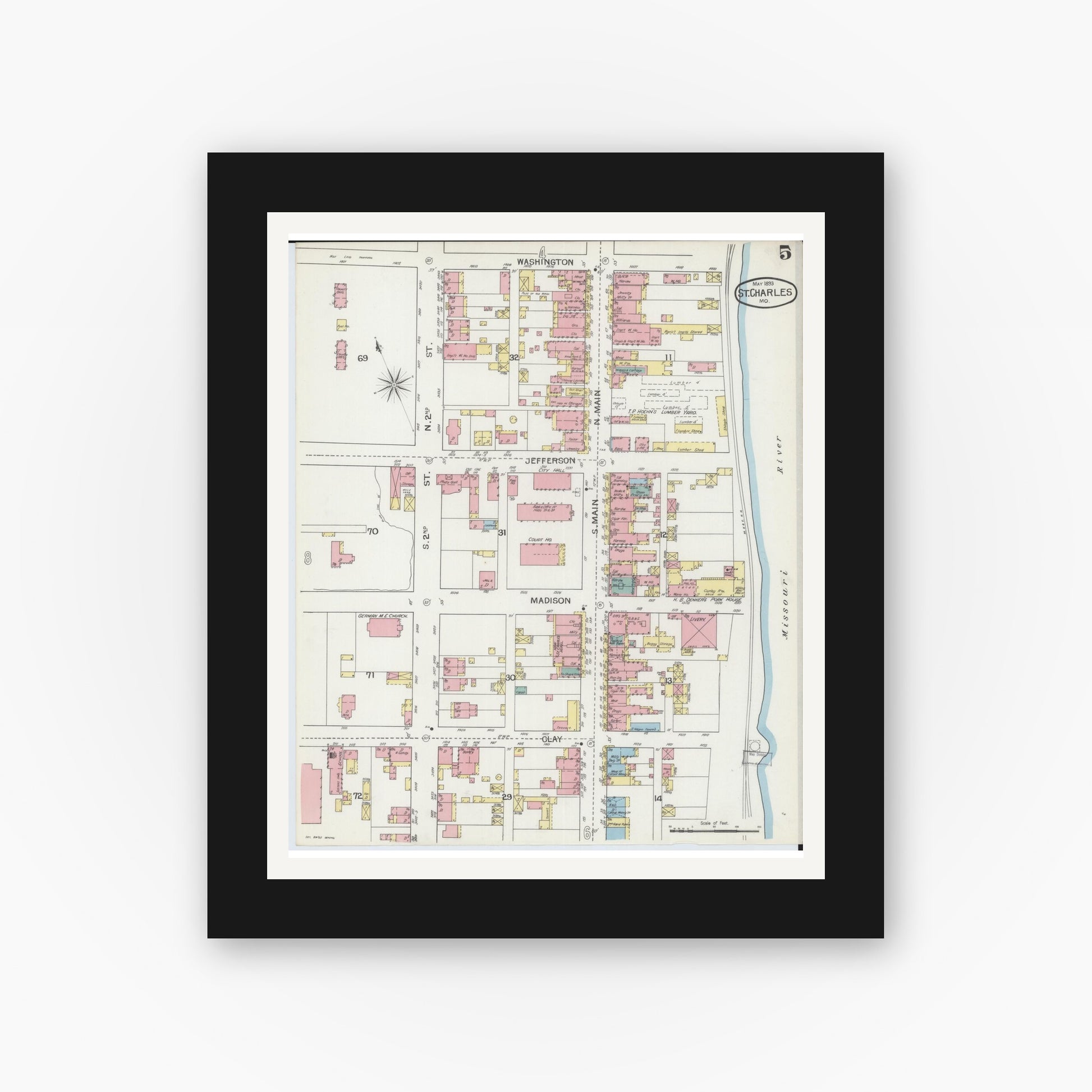 Old map wall art mockup — black gallery frame with white mat — Sanborn Fire Insurance Map from Saint Charles, Saint Charles County, Missouri (1893), Sheet #0005