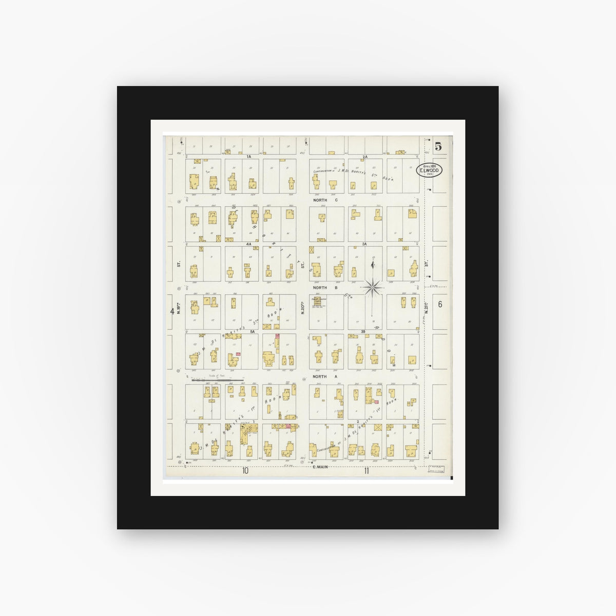 Old map wall art mockup — black gallery frame with white mat — Sanborn Fire Insurance Map from Elwood, Madison County, Indiana (1899), Sheet #0005
