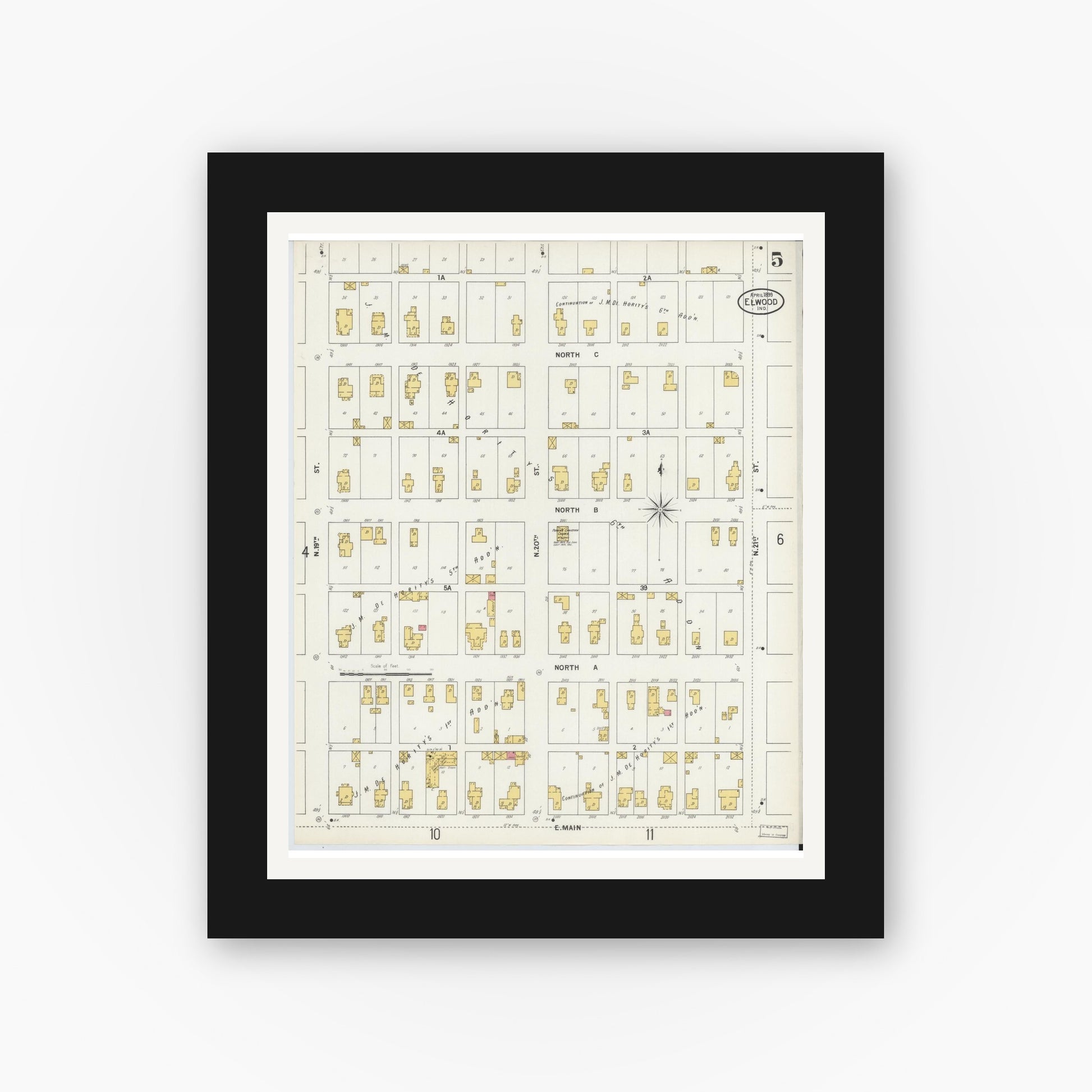 Old map wall art mockup — black gallery frame with white mat — Sanborn Fire Insurance Map from Elwood, Madison County, Indiana (1899), Sheet #0005