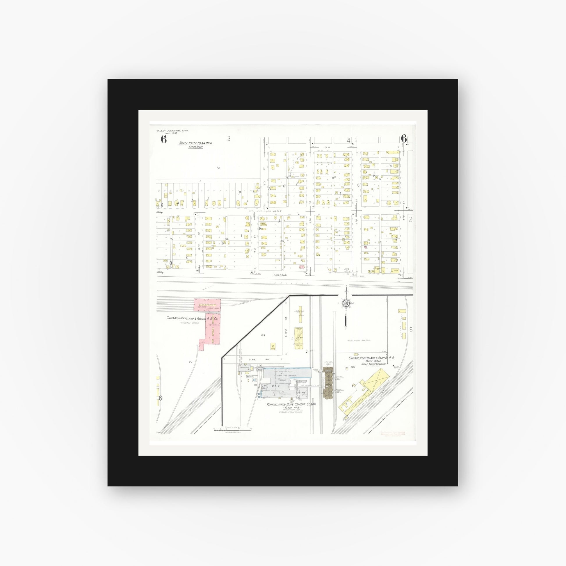 Old map wall art mockup — black gallery frame with white mat — Sanborn Fire Insurance Map from Valley Junction, Polk County, Iowa (1937), Sheet #0006