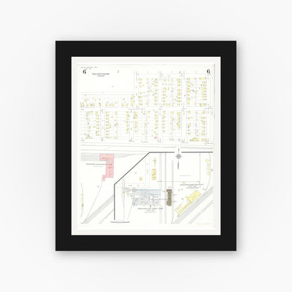 Old map wall art mockup — black gallery frame with white mat — Sanborn Fire Insurance Map from Valley Junction, Polk County, Iowa (1937), Sheet #0006