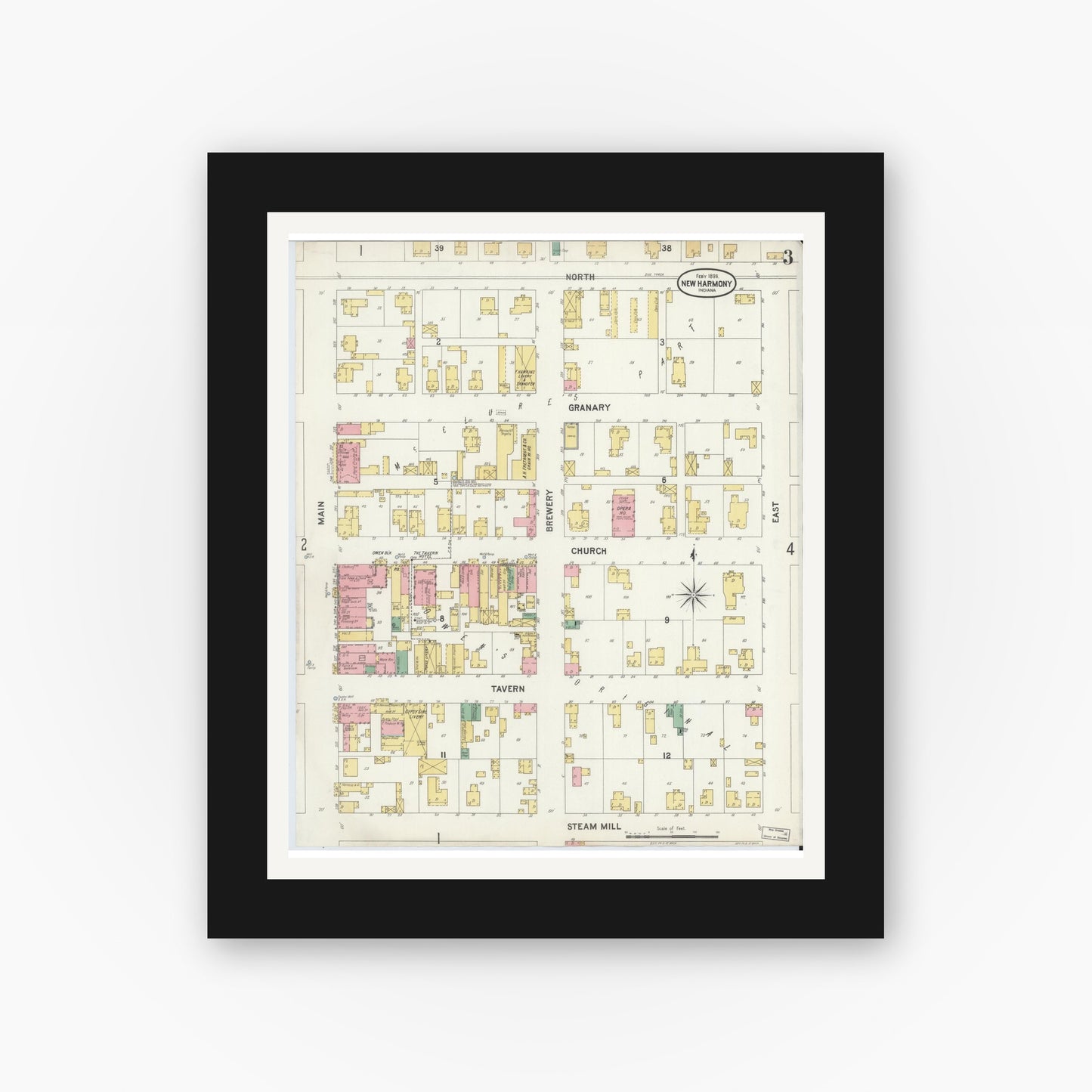 Old map wall art mockup — black gallery frame with white mat — Sanborn Fire Insurance Map from New Harmony, Posey County, Indiana (1899), Sheet #0003