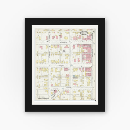 Old map wall art mockup — black gallery frame with white mat — Sanborn Fire Insurance Map from Greensburg, Decatur County, Indiana (1897), Sheet #0004
