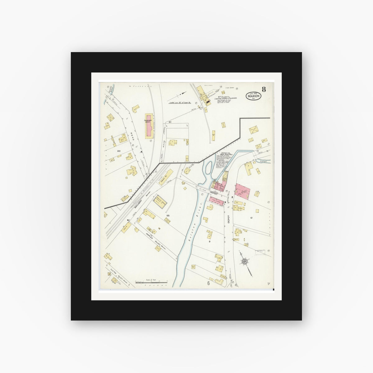 Old map wall art mockup — black gallery frame with white mat — Sanborn Fire Insurance Map from Marion, Smyth County, Virginia (1913), Sheet #0008