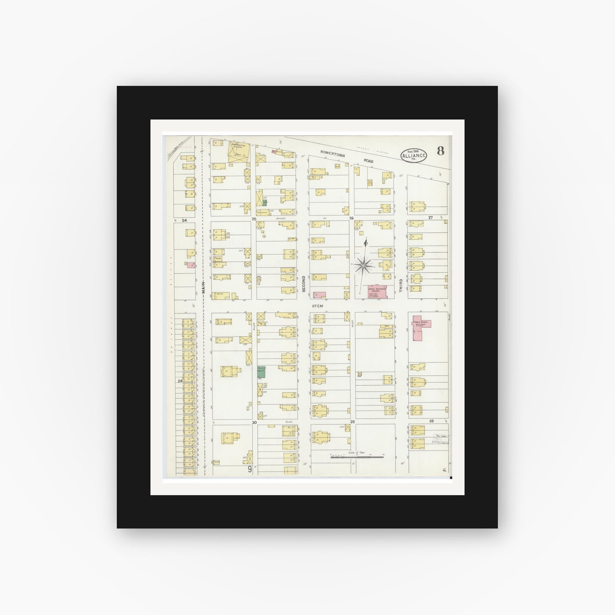 Old map wall art mockup — black gallery frame with white mat — Sanborn Fire Insurance Map from Alliance, Northampton County, Pennsylvania (1904), Sheet #0008