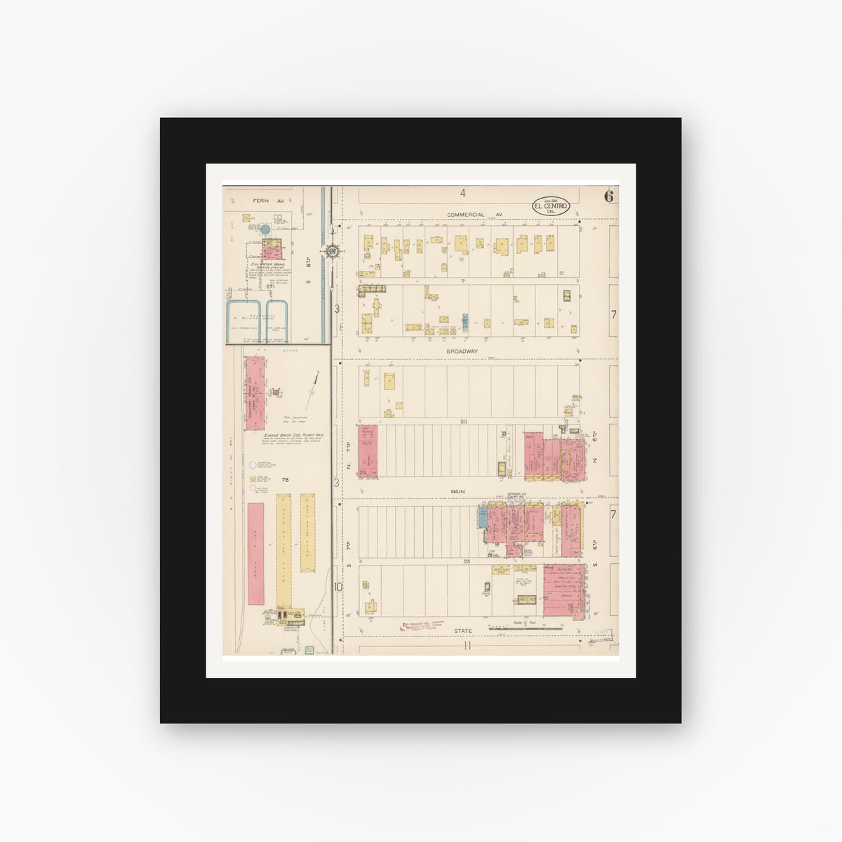 Old map wall art mockup — black gallery frame with white mat — Sanborn Fire Insurance Map from El Centro, Imperial County, California (1914), Sheet #0006
