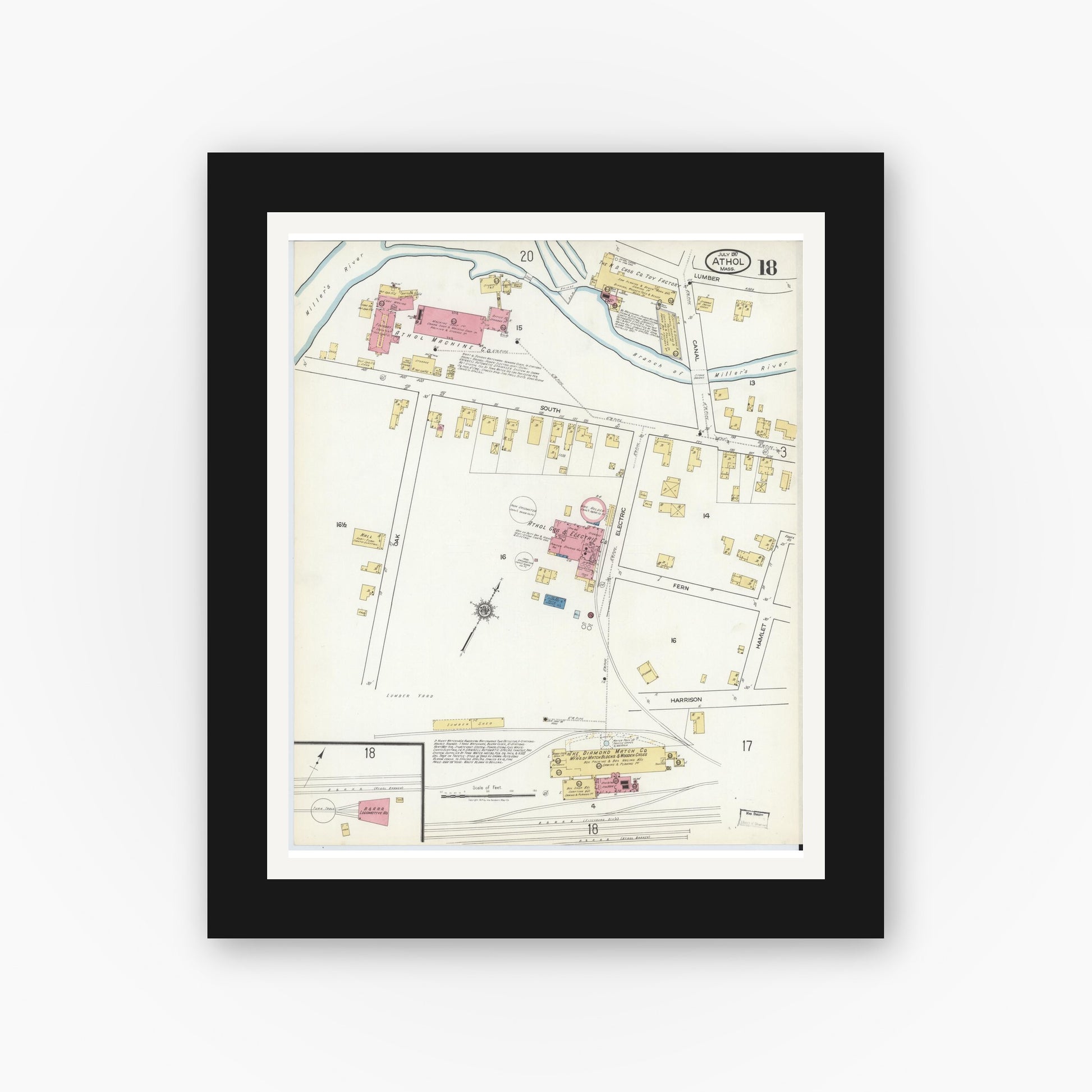 Old map wall art mockup — black gallery frame with white mat — Sanborn Fire Insurance Map from Athol, Worcester County, Massachusetts (1917), Sheet #0018