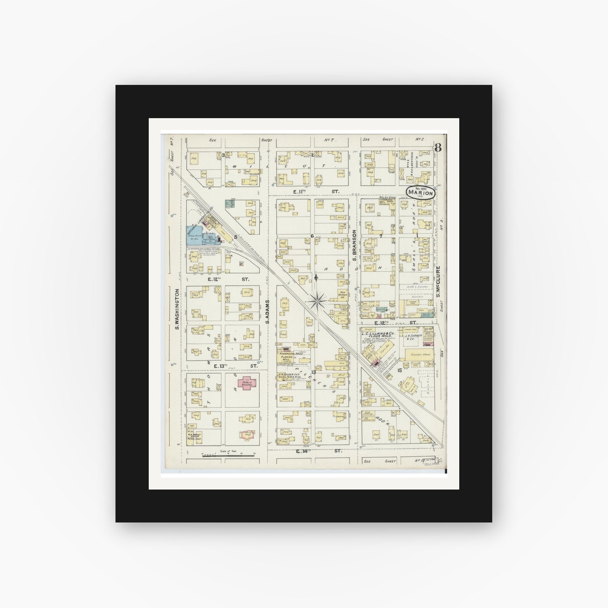 Old map wall art mockup — black gallery frame with white mat — Sanborn Fire Insurance Map from Marion, Grant County, Indiana (1890), Sheet #0008