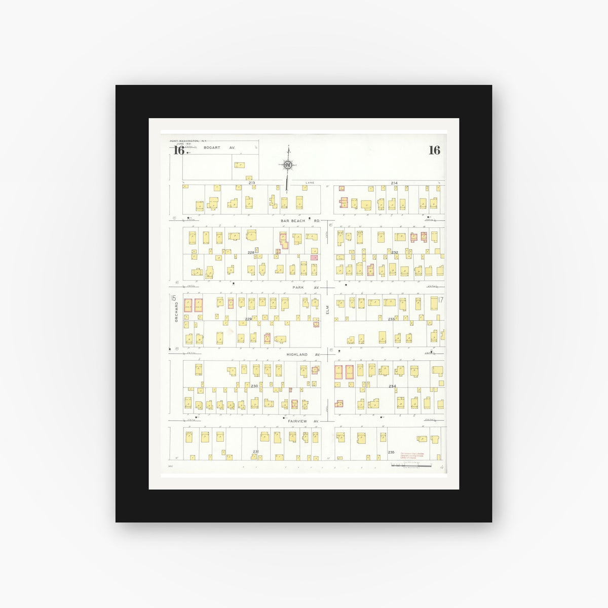 Old map wall art mockup — black gallery frame with white mat — Sanborn Fire Insurance Map from Port Washington, Nassau County, New York (1931), Sheet #0016