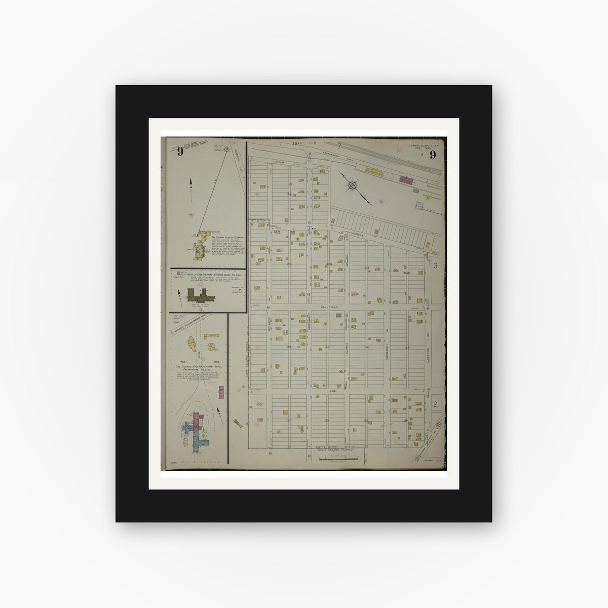Old map wall art mockup — black gallery frame with white mat — Sanborn Fire Insurance Map from Clark's Summit, Lackawanna County, Pennsylvania (1942), Sheet #0009