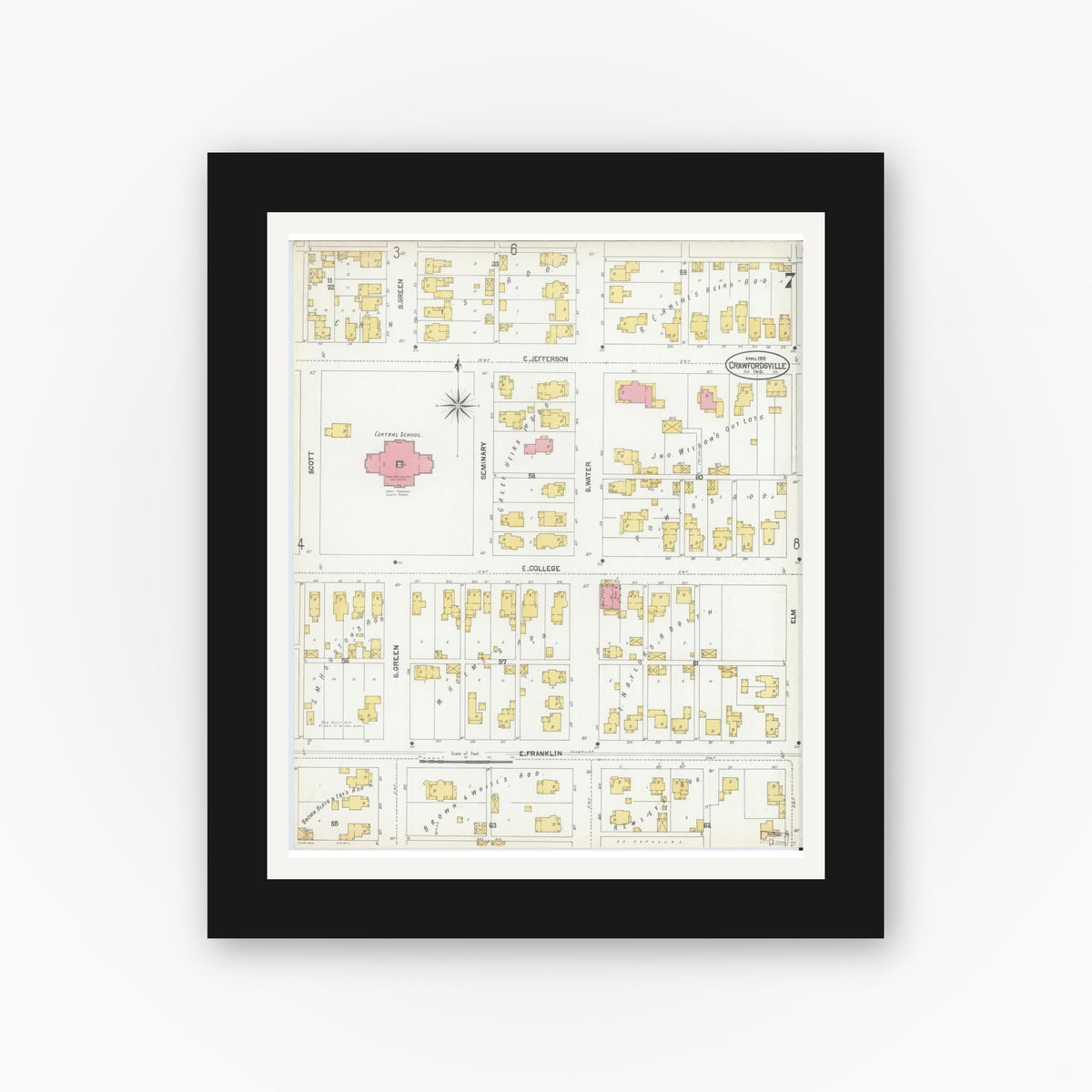 Old map wall art mockup — black gallery frame with white mat — Sanborn Fire Insurance Map from Crawfordsville, Montgomery County, Indiana (1902), Sheet #0007
