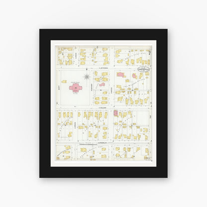 Old map wall art mockup — black gallery frame with white mat — Sanborn Fire Insurance Map from Crawfordsville, Montgomery County, Indiana (1902), Sheet #0007