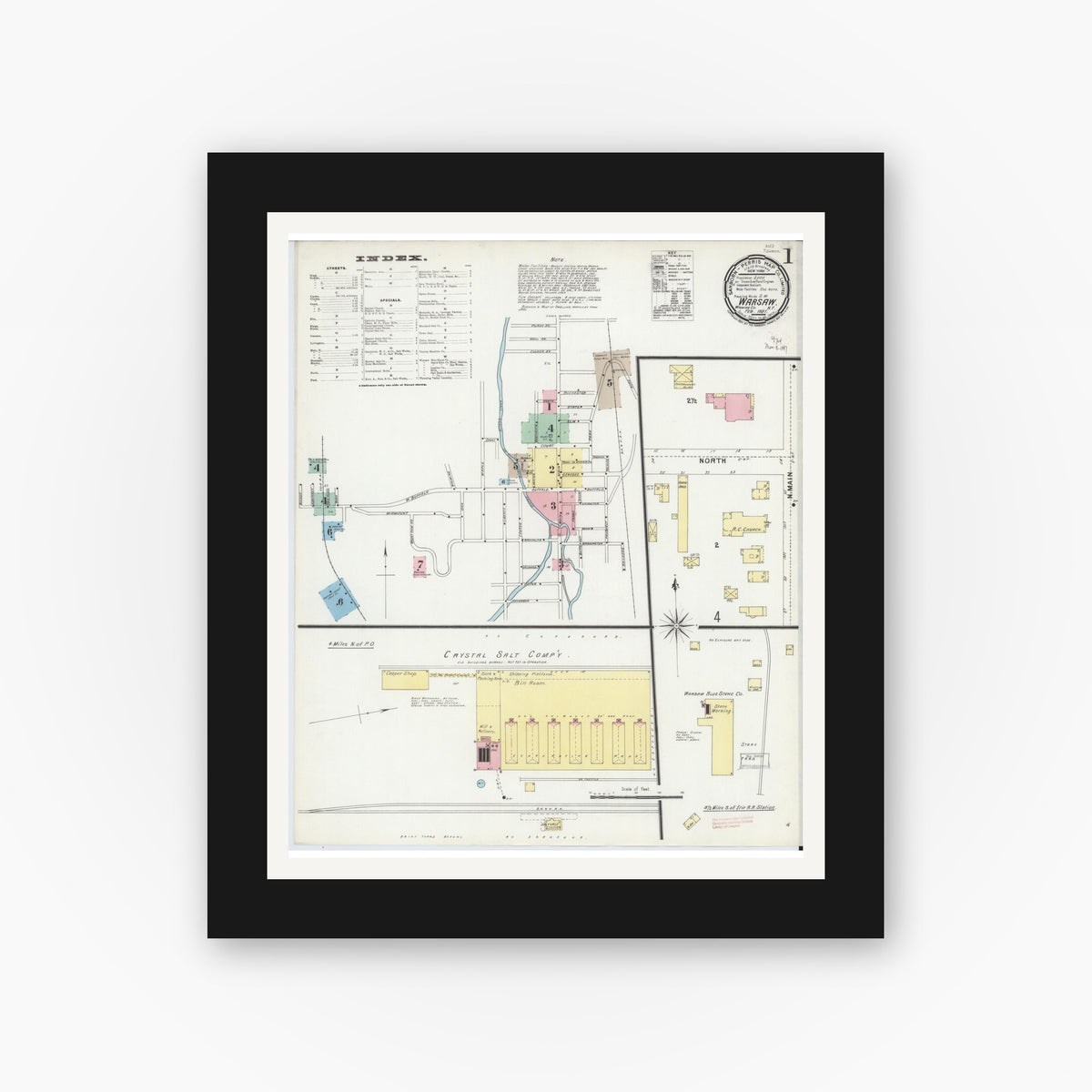 Old map wall art mockup — black gallery frame with white mat — Sanborn Fire Insurance Map from Warsaw, Wyoming County, New York (1897), Sheet #0001