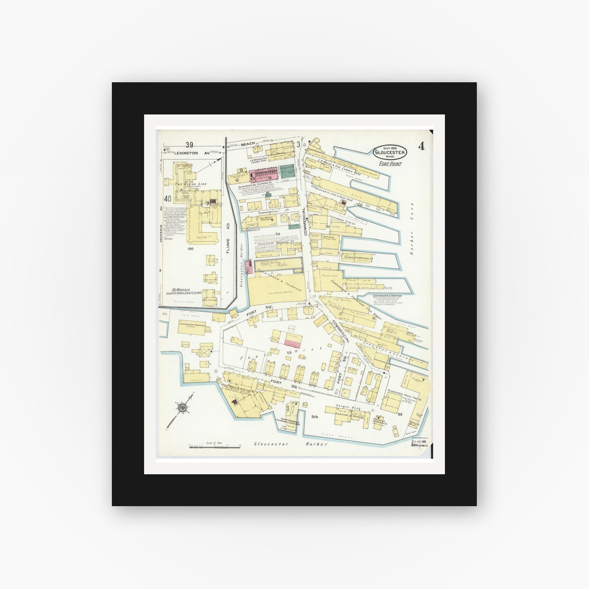 Old map wall art mockup — black gallery frame with white mat — Sanborn Fire Insurance Map from Gloucester, Essex County, Massachusetts (1909), Sheet #0004