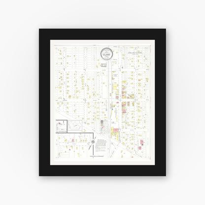Old map wall art mockup — black gallery frame with white mat — Sanborn Fire Insurance Map from Gilman, Marshall County, Iowa (1932), Sheet #0001