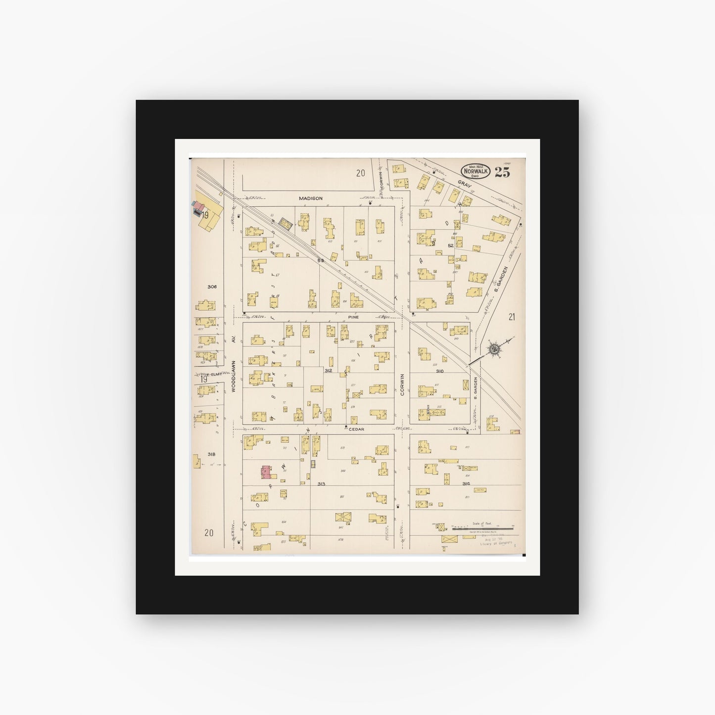 Old map wall art mockup — black gallery frame with white mat — Sanborn Fire Insurance Map from Norwalk, Huron County, Ohio (1922), Sheet #0025