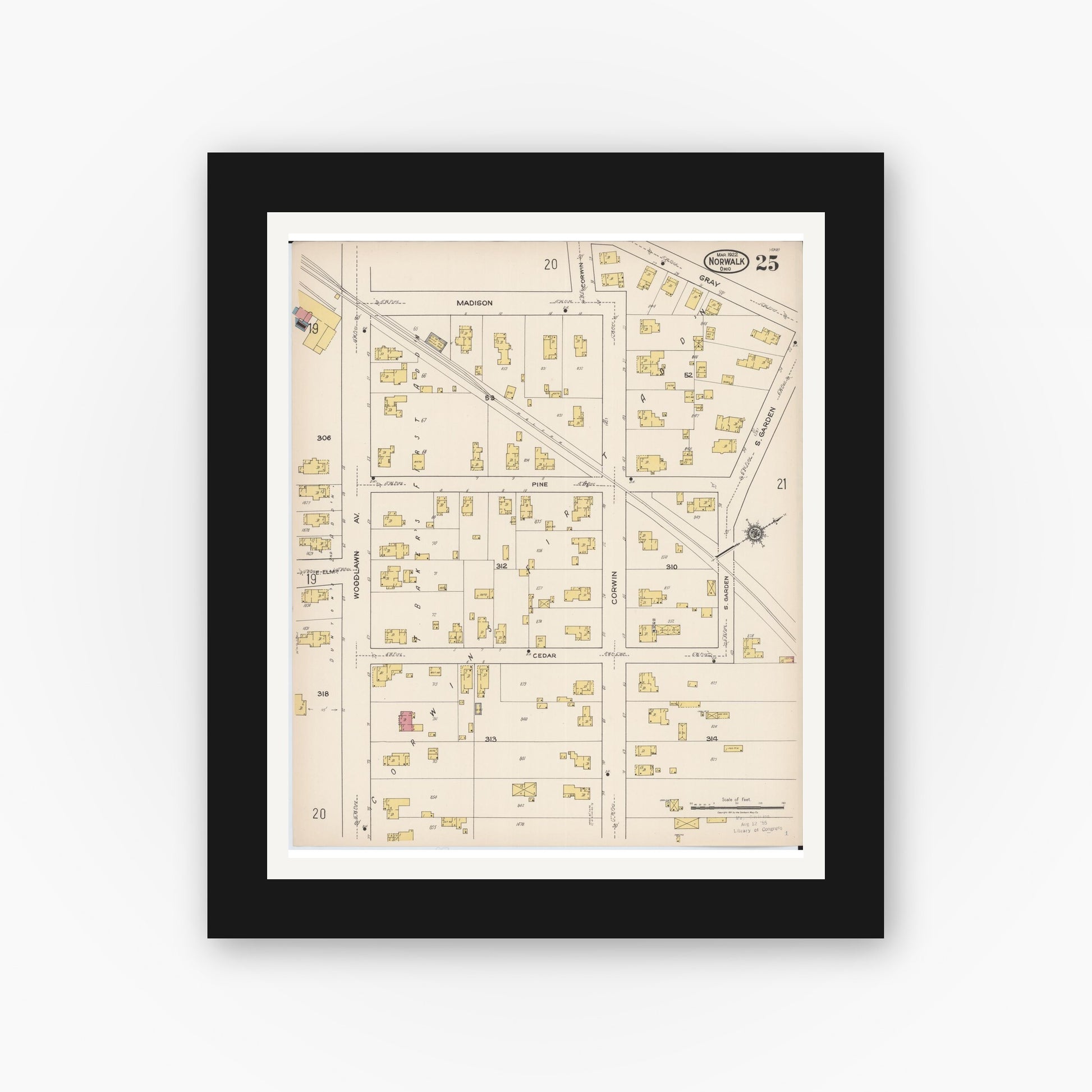 Old map wall art mockup — black gallery frame with white mat — Sanborn Fire Insurance Map from Norwalk, Huron County, Ohio (1922), Sheet #0025