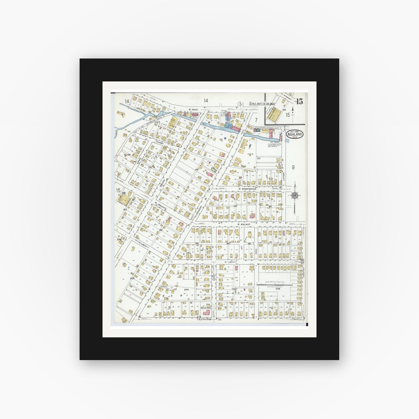 Old map wall art mockup — black gallery frame with white mat — Sanborn Fire Insurance Map from Ashland, Ashland County, Ohio (1919), Sheet #0015